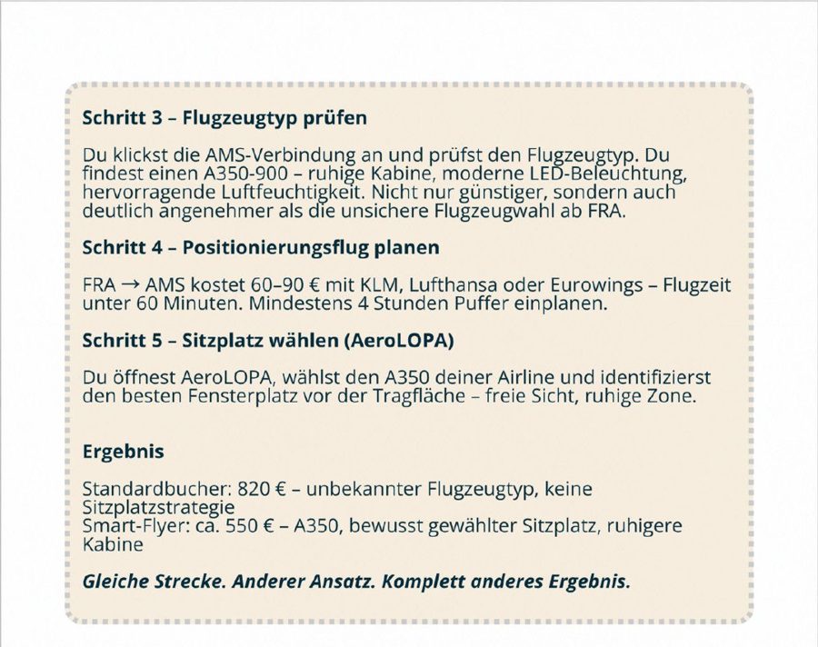 Praxisfall Frankfurt nach Los Angeles mit Ergebnis 820 Euro gegenüber 550 Euro